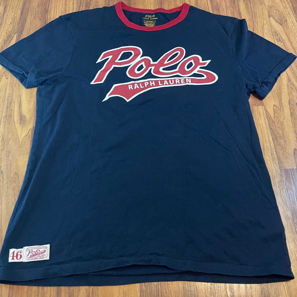 Polo Ralph Lauren Mens Medium Navy Blue Red Script Logo Ringer T-Shirt Slim Fit